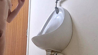 Girl with Nice Ass Strips and Pisses Mens Bathroom Risky Pee