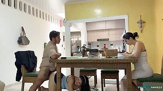 NamiQsein Fucks Teen Stepdaughter on Table - Big Ass Riding & Creampie While Mom Isn't Looking