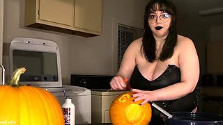 Busty curly brunette with big boobs fucks on couch