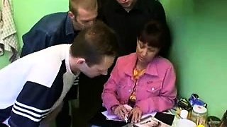 Stacked Russian milf gets drilled by a group of young studs