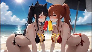 AI Gothic Beauty Meets Redhead Beauty - Beach Crossover (Eating Ice Pops)