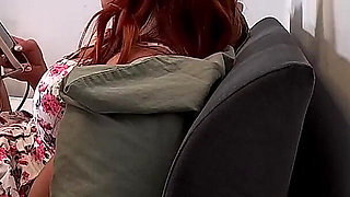 Hot and Horny Beautiful Redhead MILF Takes All the Cum in the Balls on Her Summer Dress Through Her Cleavage