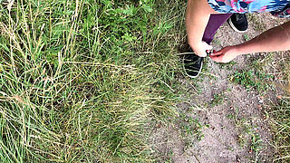 Complete Naked in the Woods - Beating Her Vagina and Tits