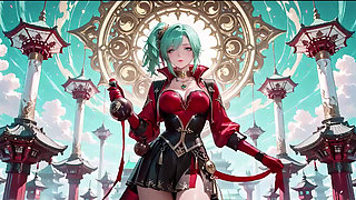 Green-haired warrior in a black-red battle robe, commanding yet shy on the floating terrace.