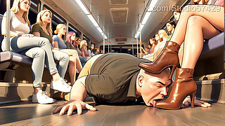 Shoe Pervert Licks Women's Shoes on a Crowded Bus