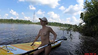 Blonde Solo Girl Naked on a SUP Board