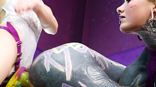 Heavy Tattooed Sub Played with and Pegged by 2 Dominas