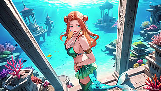 Red-haired Mermaid Princess's Private Tour in the Underwater Palace, Green Bikini hugging her curves, Heeled Boots on soft sand,