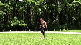 Sexy gymnast hooks up in a park with horny jogger