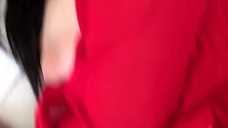 Lonely Japanese Brunette Slips Into a Silky Red Robe After Her Shower and Seduces the Delivery Guy at the Door