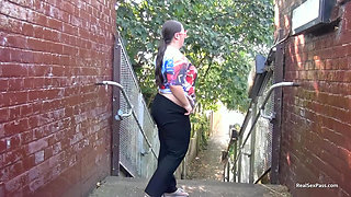 Short and thick brunette outdoor pising and public flashing