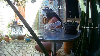 Hotwife in lingerie in winter garden sensualizing