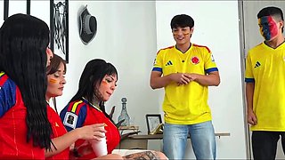 Crazy anal orgy with hot Latina babes in football uniform during World Cup watchсhrough