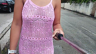 A Public Walk Around the City Without Underwear in a Transparent Dress