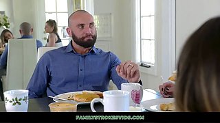 Insane teen blonde gives stepfather a feet wank during breakfast