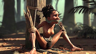 African Girl Bound in Rope Bondage - Hairy Wet Pussy Craving for Cock