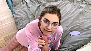 A young adult lady in a rosy with cumshot