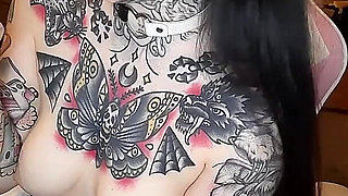 Hot Tattooed Goth Maid Fucks Dildo Hard