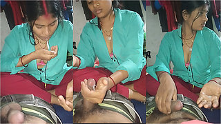 The girlfriend of the neighborhood came to the boyfriend's house at night and took out the water from the penis with her ha